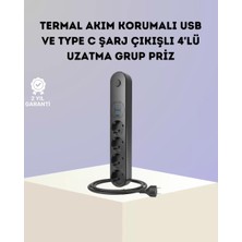 Akım Korumalı Çoklu Priz 4’lü 2 USB 1 Type-C 2500W Güçlü Tasarım Midastech