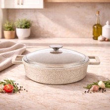 Lavonni Elexsus 28 cm Döküm Basık Tencere – Cam Kapaklı, Yanmaz Yapışmaz, Eşit Isı Dağılımlı Karnıyarık & Sote Tenceresi Cappucıno