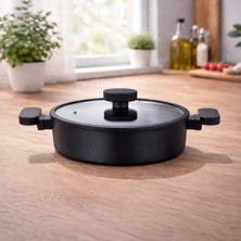 Lavonni Valeria 30 cm Granit Basık Tencere Silikon Kenarlı Cam Kapak - Siyah Yapışmaz