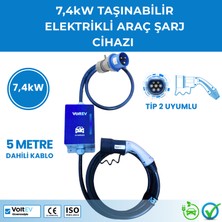 VoltEV 7,4kW Monofaze, Hızlı Şarj, Taşınabilir, 5mt Kablolu Elektrikli Araç Şarj Cihazı