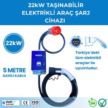VoltEV 22kW Trifaze, Hızlı Şarj, Taşınabilir, 5mt Kablolu Elektrikli Araç Şarj Cihazı