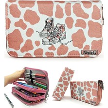 Kalem Kutusu Inek Desenli Kawai Organizer Kalemkutu Vegan Deri Üç Bölmeli Kalemlik -Nude(Pembe)