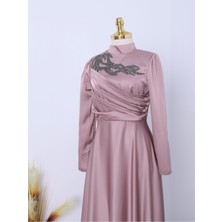 Moda Morfo Yakası Taşlı Önü Drapeli  Abiye -Pembe