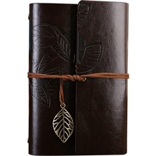 Retro Vintage Yaprak Baskılı Kolye Uçlu Deri Kapaklı Günlük Not Defteri Özel Tasarım Hediyelik Siyah