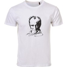 Etifa Tekstil Unisex Beyaz %100 Pamuk Regular Fit Tişört – Siyah Atatürk Imzalı / Siluet Baskılı, Günlük T-Shirt