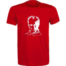 Etifa Tekstil Unisex Kırmızı %100 Pamuk Regular Fit Tişört – Beyaz Atatürk Imzalı / Siluet Baskılı, Günlük T-Shirt