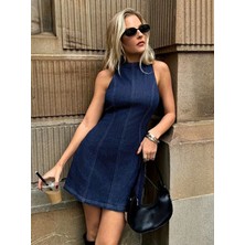 Meğdaix Kadın Omuzlardan Açık Bisiklet Yaka Kısa Kot Elbise