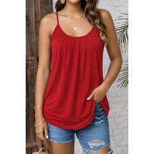 Cotton Lab Cottonlab Kadın Ip Askılı Yuvarlak Yakalı Pileli Uzun Viskon Bluz