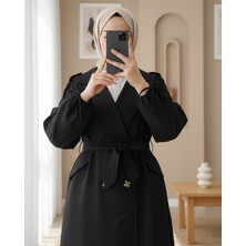 Moda Morfo Kapaklı Cepli Kolu Bağcıklı Trençkot -Siyah