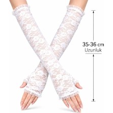 Najmaddin Uzun Zarif Dantel Eldiven Parmaksız Beyaz 35 cm Najmaddin Ynt