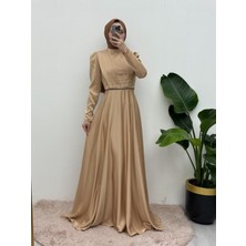 Moda Morfo Önü Drapeli Beli Boncuk Detaylı Saten Abiye -Açık Vizon