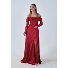 Feminist Bordo Kolları Dantel Detaylı Drapeli Abiye 9705561.04