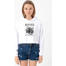 Tshirthane Hocus Pocus I Put A Spell On You Beyaz Optik Kadın Crop Kapşonlu