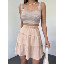 Moda Morfo Parça Kumaş Beli Lastikli Şortlu Etek -Bej