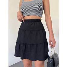Moda Morfo Parça Kumaş Beli Lastikli Şortlu Etek -Siyah