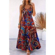 Zenvia Kadın Askılı V Yakalı Desenli Uzun Süprem Elbise