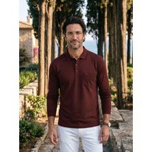 Çizgi Triko  Erkek Polo Yaka Uzun Kollu Cepli Mevsimlik Bordo Penye Sweat- 5306 Bat