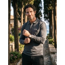 Çizgi Triko Erkek Polo Yaka Uzun Kollu Cepli Mevsimlik Füme Penye Sweat - 5306