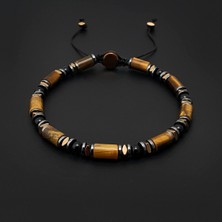 Seven Art Jewelry Kaplan Gözü ve Akik Doğal Taş Slim Makrome Bileklik Ayarlanabilir Kahverengi - Siyah