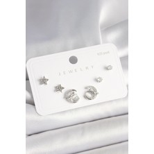 Pazarcan 925 Ayar Gümüş Çivi Zirkon Taşlı Hilal Yıldız Model Kadın Küpe Seti