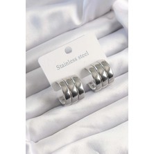 Pazarcan Çelik Gümüş Renk 3lü Görünüm Bombe Model Yarım Halka Küpe