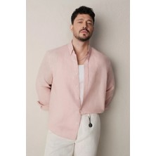 AVVA Erkek Koyu Pembe Düğmeli Yaka %100 Keten Comfort Fit Gömlek B002191