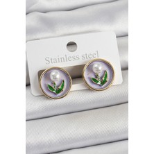 Pazarcan Pirinç Mor Mineli Lale Figürlü Sanatsal Portre Model Gold Renk Kadın Küpe