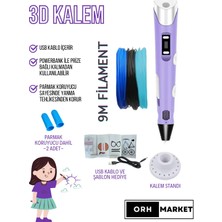 ORH MARKET Mor 3D Kalem 3D Pen Yazıcı Kalem – 3 Adet 3 Metrelik Pla Filament (Toplam 9m) USB Kablo