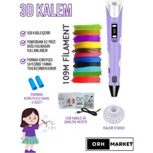 ORH MARKET 3D Kalem USB Kablolu Üç Boyutlu Yazıcı Kalem Printer-Mor (Çok Renkli Filament -109METRE-)