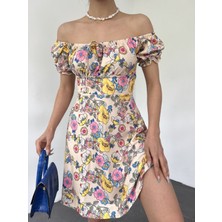 Moda Morfo Yakası Lastikli Bağcık Detaylı Mini Elbise -Bej