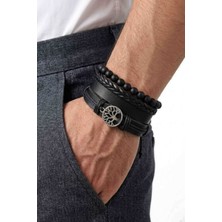 BSN Store 4 Adet Gerçek Deri Bileklik Hayat Ağacı Tasarım Siyah Hakiki Deri Bileklik Seti Moda Bileklik