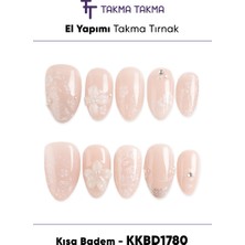 Takma Takma 10'lu Krem KKBD1780 Kısa Badem Tekrar Kullanılabilir El Yapımı Protez Takma Tırnak Pembe-S