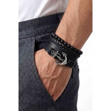 BSN Store 4 Adet Gerçek Deri Bileklik Denizci Çapa Tasarım Siyah Hakiki Deri Bileklik Moda Bileklik