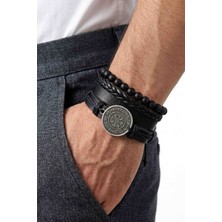 BSN Store 4 Adet Gerçek Deri Bileklik Vegvisir Tasarım Siyah Hakiki Deri Bileklik Moda Bileklik