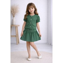 Burçak Butik Kız Çocuk Yazlık Müslin Etek Bluz Takım Inci Düğmeli 2’li Kombin ( 4-10 Yaş ) - Bayramlık