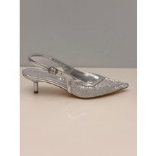 Feles Kadın Gümüş Topuklu Ayakkabı Arkası Açık Ince Topuklu Ayakkabı -5 cm Topuk