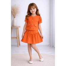 Burçak Butik Kız Çocuk Yazlık Müslin Etek Bluz Takım Inci Düğmeli 2’li Kombin ( 4-10 Yaş ) - Bayramlık