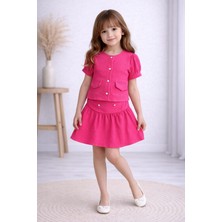 Burçak Butik Kız Çocuk Yazlık Müslin Etek Bluz Takım Inci Düğmeli 2’li Kombin ( 4-10 Yaş ) - Bayramlık