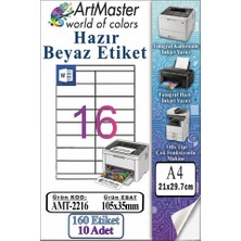 ArtMaster A4 Hazır Beyaz Etiket 105X35 mm 10 Sayfa 1 Paket 16 Lı Kendinden Yapışkanlı Fotokopi Lazer Inkjet Kağıdı Yazıcılar Için