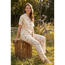 Hepsine Rakip Kadın Düğmeli Kısa Kollu Uzun Alt Pijama Takımı Ayıcık Desenli 7515