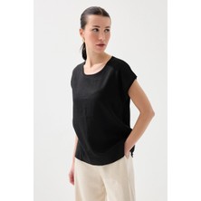 Gusto Önü Keten Tshirt - Siyah