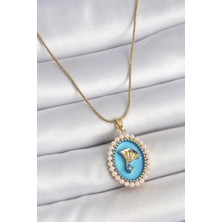 Bluefeet 316L Çelik Gold Renk Zincir Mavi Mineli Incili Zirkon Taşlı Çiçek Işlemeli Portre Model Kadın Kolye