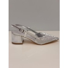 Feles Kadın Gümüş Topuklu Ayakkabı Kalın Topuklu Arkası Açık Stiletto - 5 cm Topuk - Podeia Estilo