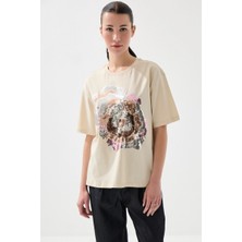 Gusto Pul Payetli Rahat Kesim Pamuk T-Shirt - Bej