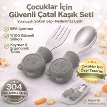 Jojobebek Gri Renk Ayıcık Figürlü Premium Çocuk BPA Free Silikon Sap Paslanmaz Çelik Uçlu Çatal-Kaşık Set ve Saklama Kutusu 9+ Ay