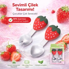 Jojobebek Çilek Figürlü Premium Çocuk Bpa Free Silikon Sap Paslanmaz Çelik Uçlu Çatal-Kaşık Set 9+ Ay