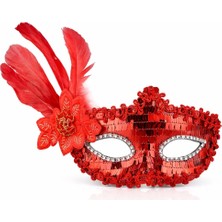 İsingir Shopping Kırmızı Tüylü Payetli Lüks Taşlı Parti Maskesi