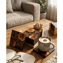 Af Epoxyart Epoksi Bardak Altlığı 6'lı Set Modern Dekoratif Premium Epoksi Bardak Altlığı Takımı Ahşap Stand