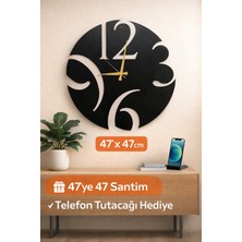 Madam Gold Dekoratif Sessiz Siyah Metal Duvar Saati  47*47 Metal Telefon Tutacağı Hediyeli
