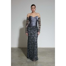 Carmen Antrasit Straplez Eldivenli Payetli Abiye Elbise